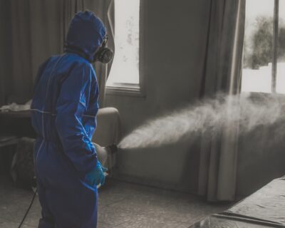 man in protective gear using electrostatic sprayer for disinfection and Houston commercial cleaning