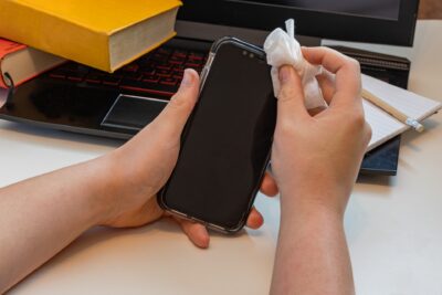 person using cleaning wipe to remove germs from cell phone