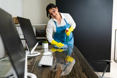 Person providing commercial cleaning services in Houston for an office. 