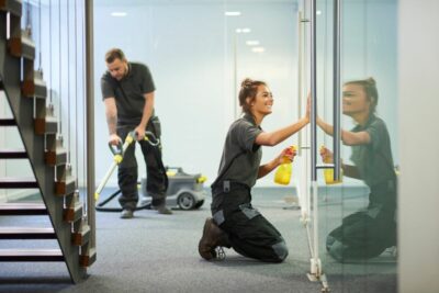 Houston office cleaning professionals cleaning glass and carpets