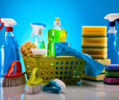 Multiple colorful cleaning supplies for Houston commercial cleaning services