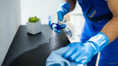 Houston janitorial services staff cleaning shelf surface with spray